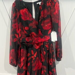 Women’s red and black ruffle sleeve formal dress
